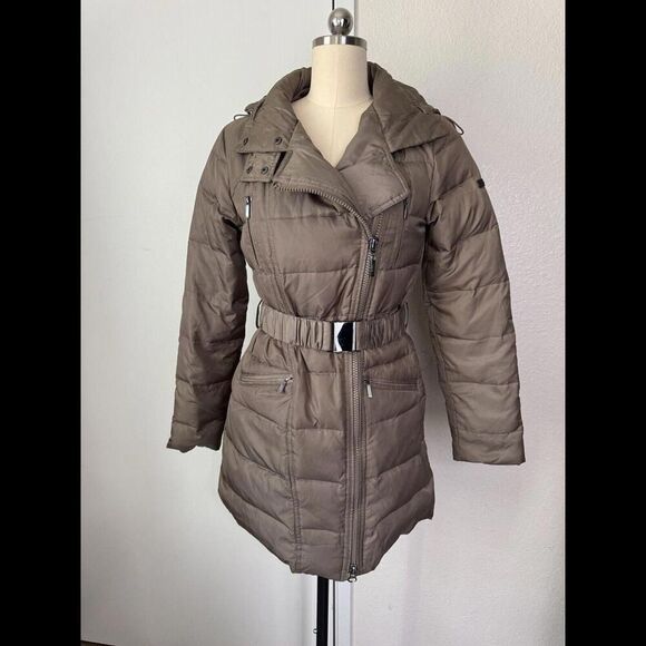 LAUNDRY SHELLY SEGAL long Puffer Jacket Belted Hooded Olive Green Womens S Coat - Picture 1 of 8